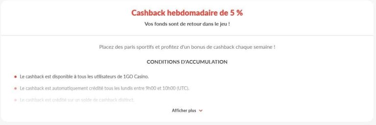 1Go Casino cashback hebdomadaire